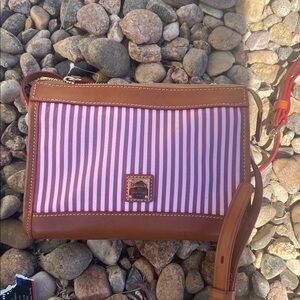 Dooney & Bourke Pink and White Striped Crossbody with Brown Leather Trim